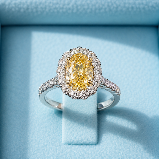 Fancy Vivid Yellow Oval Brilliant Diamond Ring w/ Halo & Diamond Band Accents 83J087452512