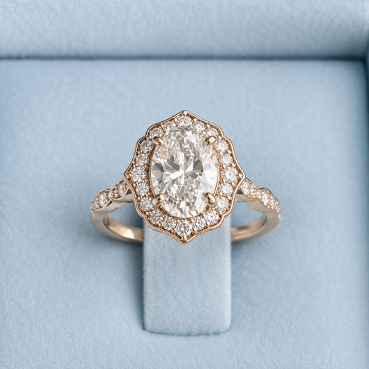 One-of-One Oval Brilliant Diamond Ring w/ Halo in Vintage Style LG689507666