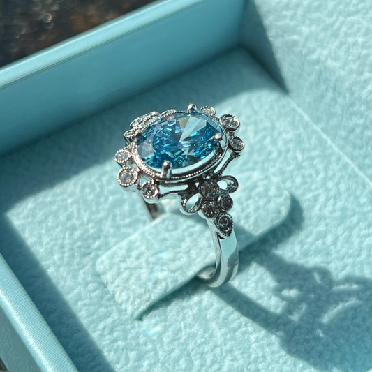 Fancy Vivid Blue Oval Brilliant Diamond Ring in Vintage Setting & Diamond Band Accents LG621431355