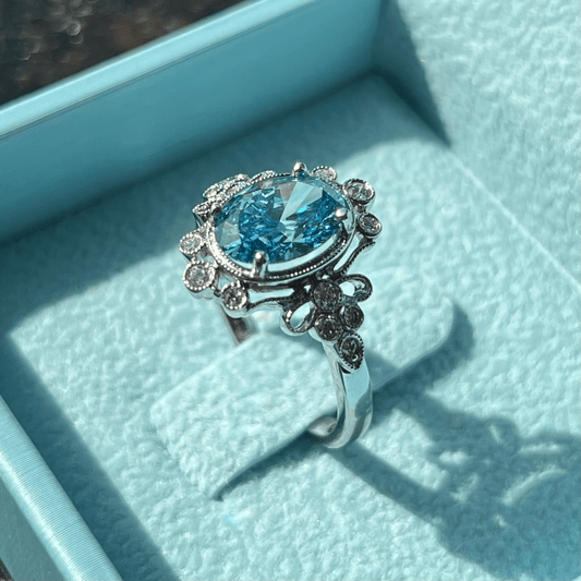 Fancy Vivid Blue Oval Brilliant Diamond Ring in Vintage Setting & Diamond Band Accents LG621431355