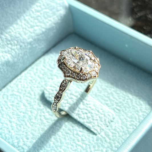 One-of-One Oval Brilliant Diamond Ring w/ Halo in Vintage Style LG689507666