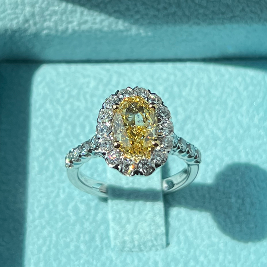 Fancy Vivid Yellow Oval Brilliant Diamond Ring w/ Halo & Diamond Band Accents 83J087452512