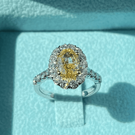 Fancy Vivid Yellow Oval Brilliant Diamond Ring w/ Halo & Diamond Band Accents 83J087452512