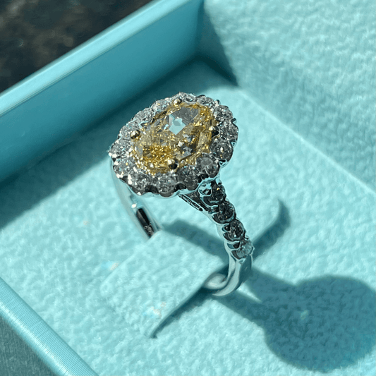 Fancy Vivid Yellow Oval Brilliant Diamond Ring w/ Halo & Diamond Band Accents 83J087452512
