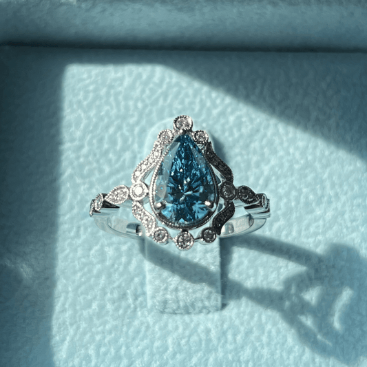 Fancy Vivid Blue Pear Brilliant Diamond Ring in Vintage Setting & Diamond Band Accents LG677559681