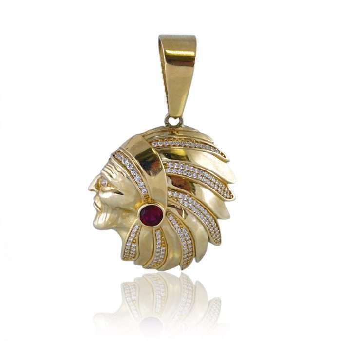 10k Gold Red Stone Indian Face Pendant