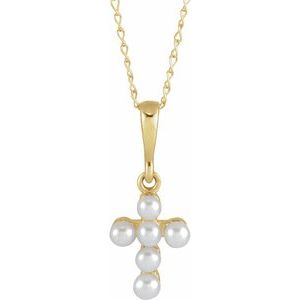 14K Yellow Cultured White Seed Pearl Youth Cross 16" Necklace R50023:111:P