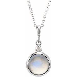 14K White 8 mm Natural Rainbow Moonstone & .03 CT Natural Diamond Cabochon 16-18" Necklace  87438:669:P
