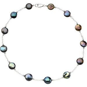 Sterling Silver 12-13 mm Cultured Black Freshwater Pearl Coin 18" Necklace