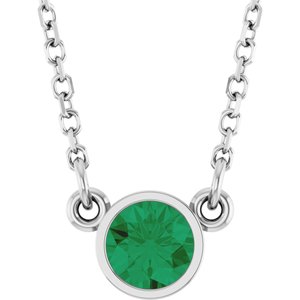 Rhodium-Plated Sterling Silver Lab-Grown Emerald Solitaire 16" Necklace  61134:60170:P