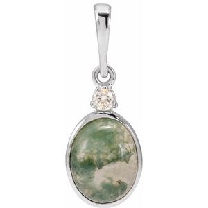 14K White 8x6 mm Natural Moss Agate & .03 CTW Natural Diamond Pendant 87438:724:P