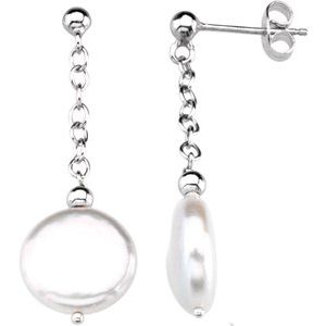 Sterling Silver Cultured White Freshwater Coin Pearl Earrings