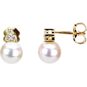14K Yellow Cultured White Freshwater Pearl & 1/10 CTW Natural Diamond Earrings 67463:102:P