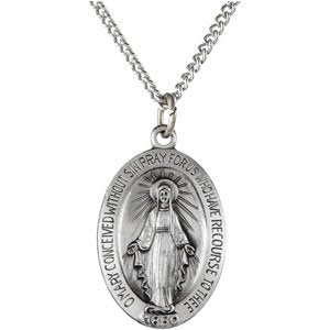 Sterling Silver 19x13.5 mm Oval Miraculous Medal 18" Necklace R5020:304603:P