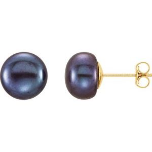 14K Yellow 8-9 mm Cultured Black Freshwater Button Pearl Earrings 651659:113:P