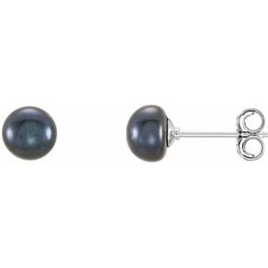 Sterling Silver 5-6 mm Cultured Black Freshwater Button Pearl Earrings 651659:116:P