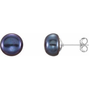 Sterling Silver 8-9 mm Cultured Black Freshwater Button Pearl Earrings 651659:128:P