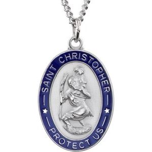 Sterling Silver 26x20 mm Blue Enamel St. Christopher Medal 24" Necklace