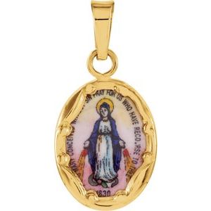 14K Yellow 13x10 mm Oval Hand Painted Porcelain Miraculous Medal