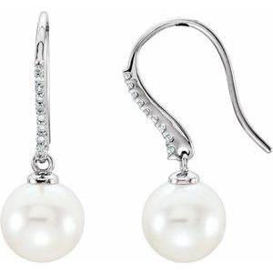 14K White Cultured White Freshwater Pearl & 1/8 CTW Natural Diamond Earrings 651565:100:P