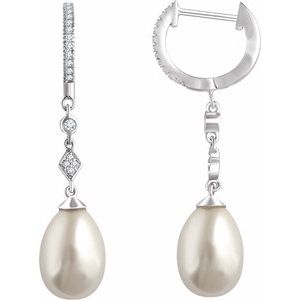 14K White Cultured White Freshwater Pearl & 1/6 CTW Natural Diamond Earrings   652973:60001:P