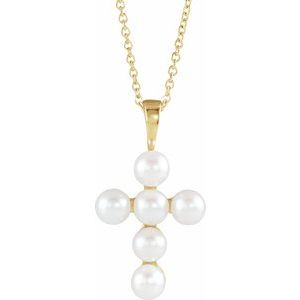 14K White Cultured White Freshwater Pearl Cross 16-18" Necklace