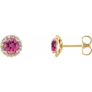 14K Yellow 3 mm Natural Pink Tourmaline & 1/10 CTW Natural Diamond Earrings 86509:726:P