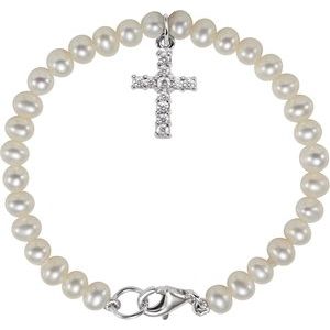 Sterling Silver Cultured White Freshwater Pearl & Imitation White Cubic Zirconia Cross 5 1/2" Bracelet