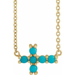 14K Yellow Natural Turquoise Sideways Cross 18" Necklace R42420:116:P