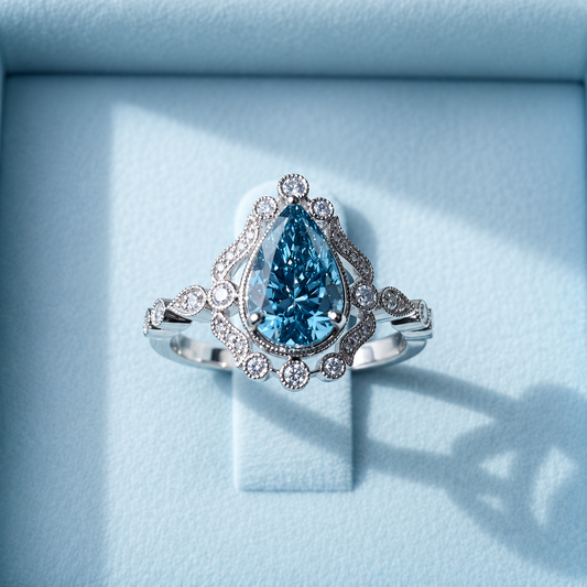 Fancy Vivid Blue Pear Brilliant Diamond Ring in Vintage Setting & Diamond Band Accents LG677559681