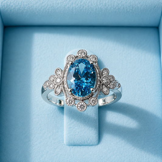 Fancy Vivid Blue Oval Brilliant Diamond Ring in Vintage Setting & Diamond Band Accents LG621431355