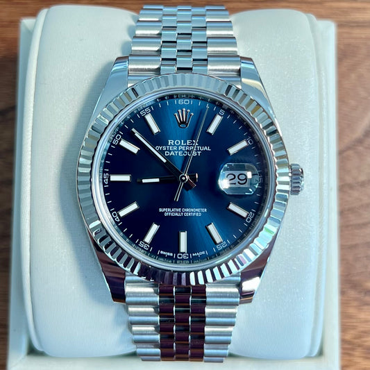Rolex Datejust 41 Blue Dial, Oystersteel & White Gold Fluted Bezel – Ref. 126334