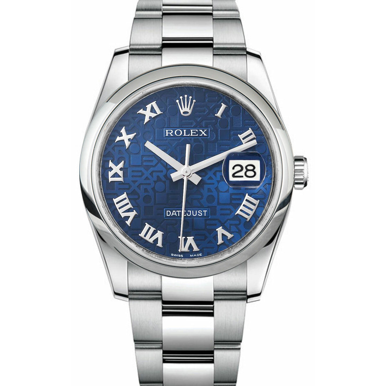 Rolex Datejust Stainless Steel Smooth Bezel and Blue Anniversary Roman Dial on Oyster Bracelet 116200