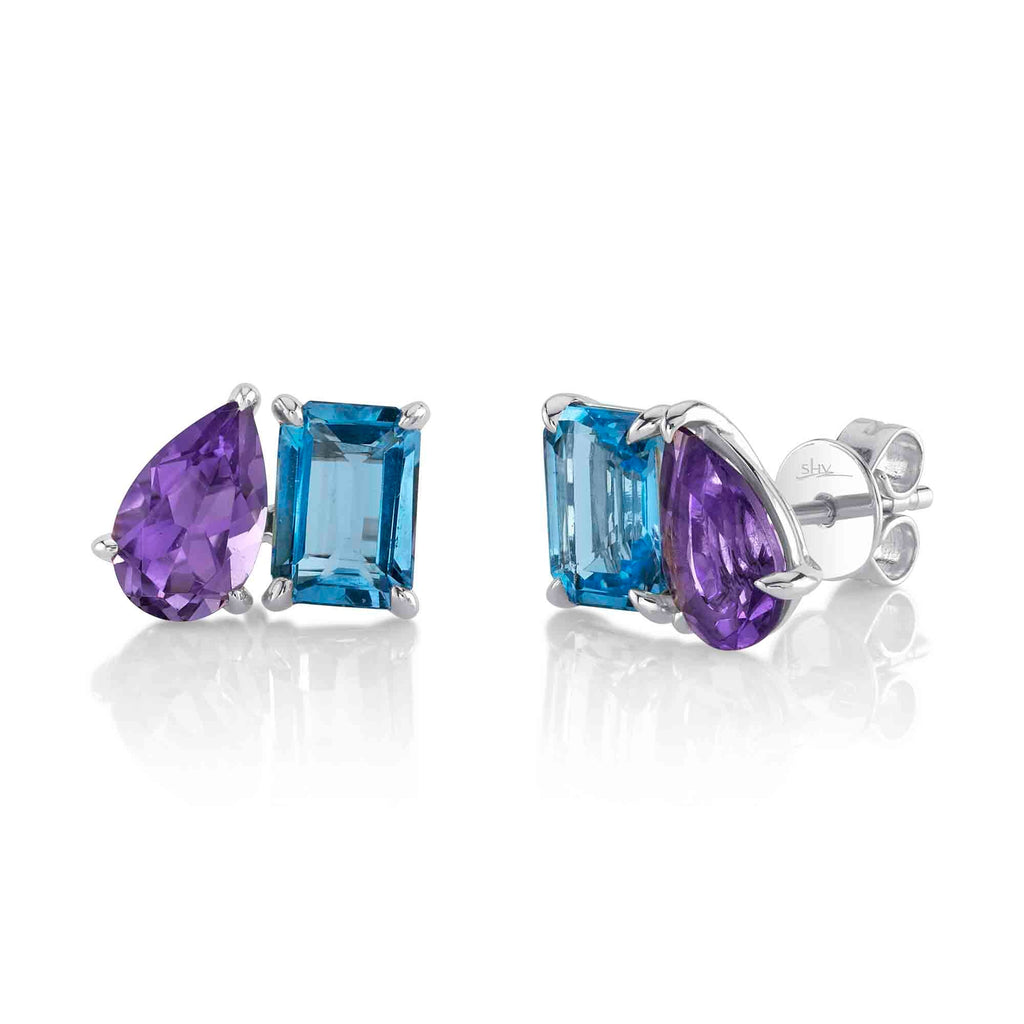 3.66CT AMETHYST & BLUE TOPAZ STUD EARRING