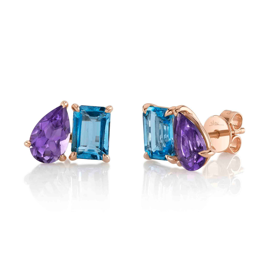 3.66CT AMETHYST & BLUE TOPAZ STUD EARRING