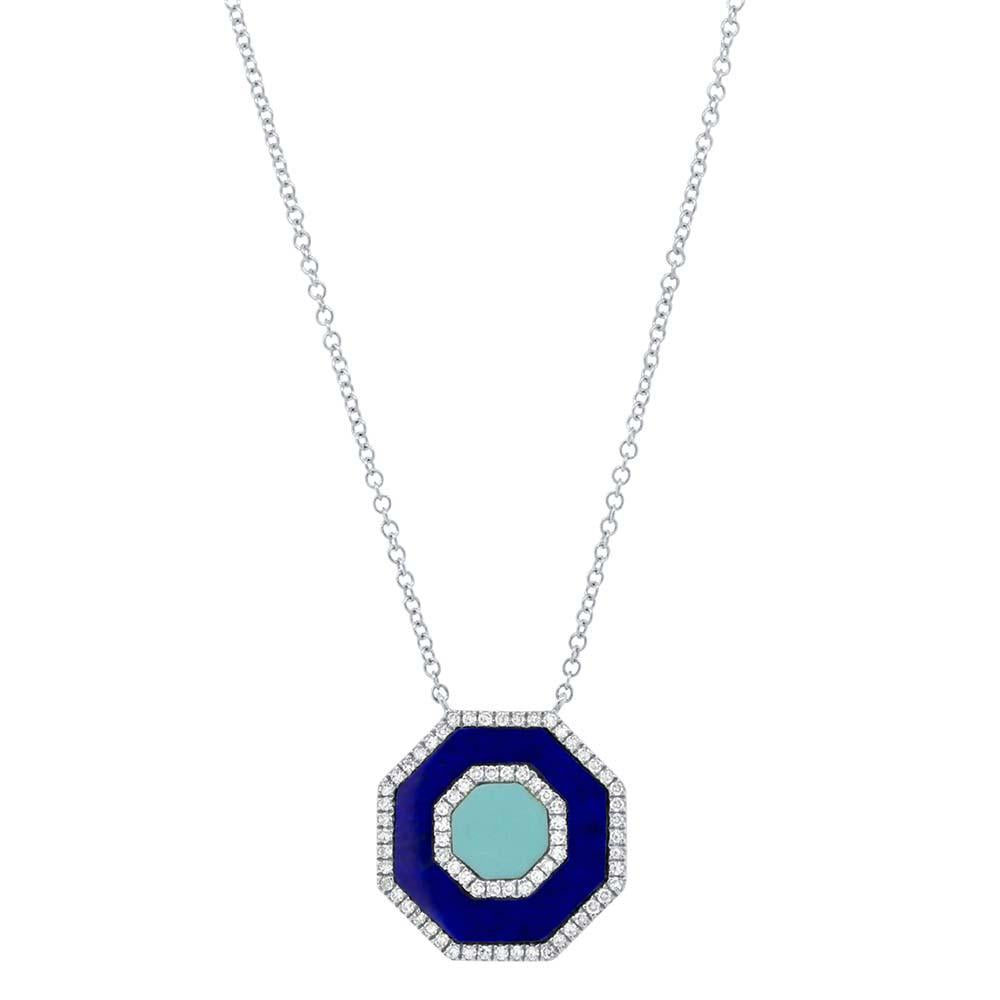 Shy Creation 0.19Ct Diamond & 1.18Ct Lapis & Composite Turquoise Octagon Necklace SC55004566