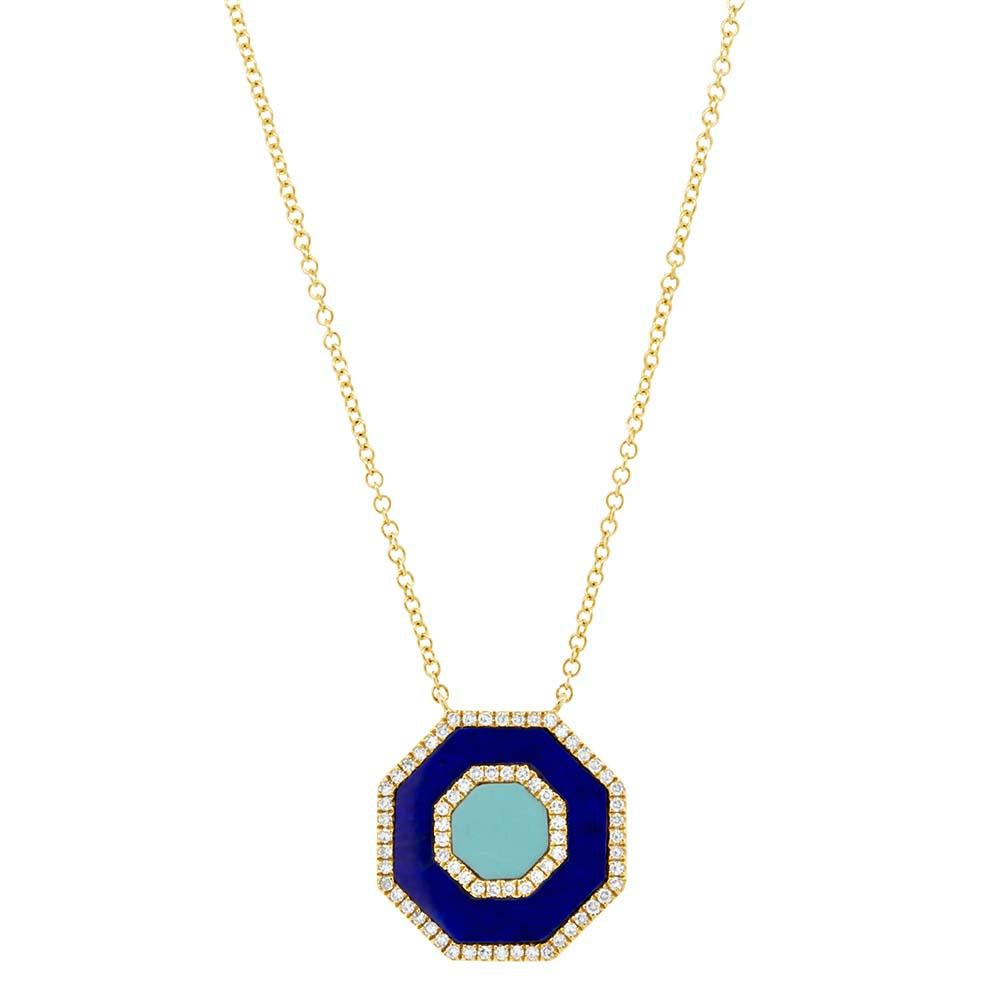 Shy Creation 0.19Ct Diamond & 1.18Ct Lapis & Composite Turquoise Octagon Necklace SC55004567