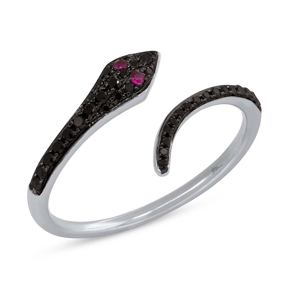Shy Creation 0.19Ct Black Diamond & 0.03Ct Ruby Snake Ring SC55006410