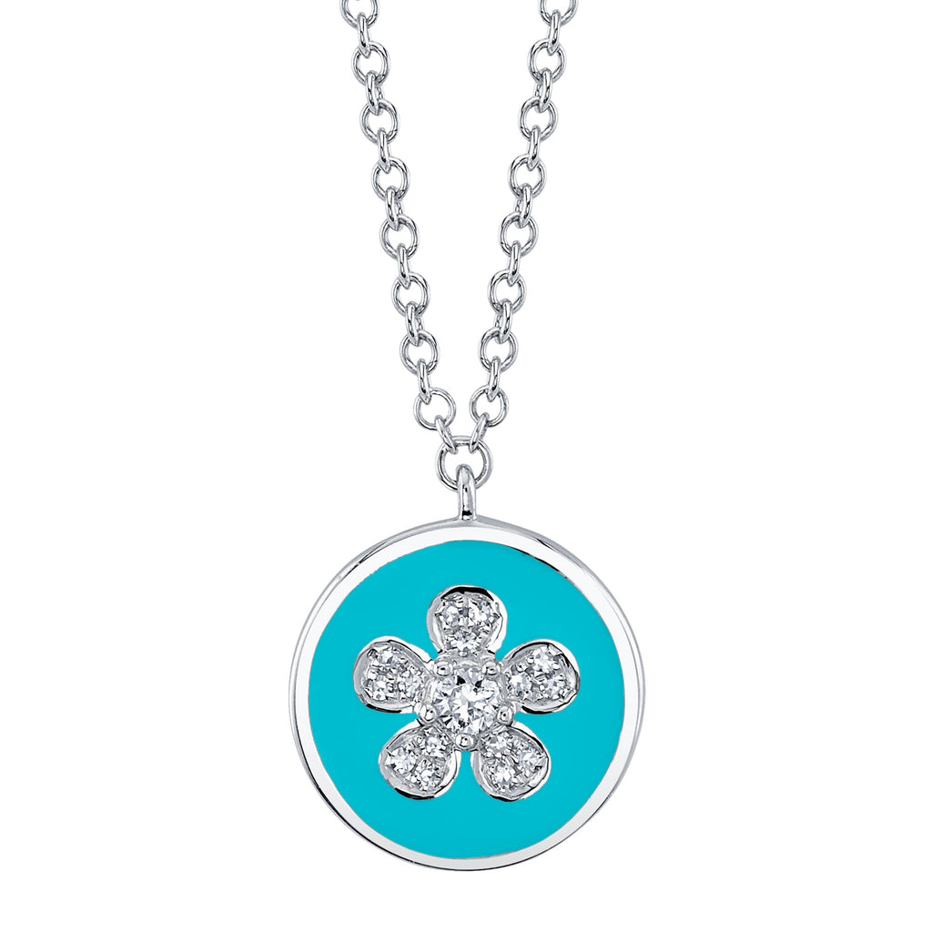 Shy Creation 0.06Ct Diamond & Turquoise-Color Enamel Flower Necklace SC55021647ET