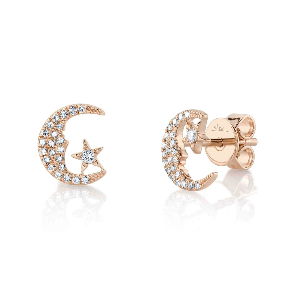 Shy Creation 0.13Ct Diamond Crescent Moon & Star Stud Earring SC55022135