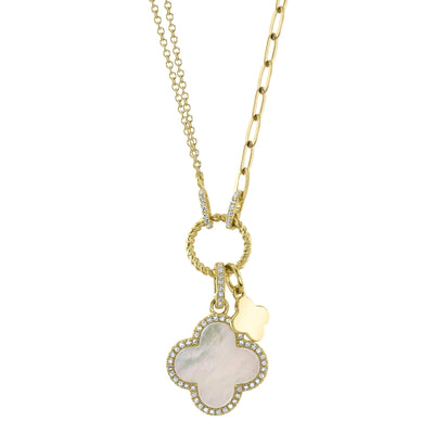 0.17CT DIAMOND & 1.36CT MOTHER OF PEARL CLOVER PAPER CLIP LINK NECKLACE
