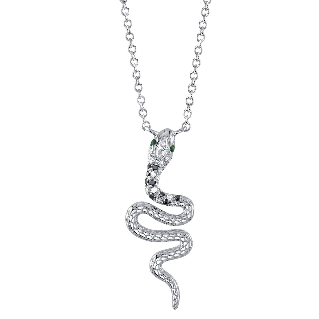 Shy Creation 0.08Ct Black & White Diamond & 0.01Ct Emerald Snake Necklace SC55023626