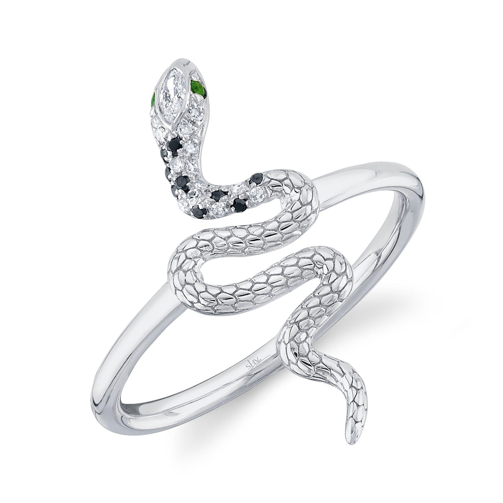 Shy Creation 0.08Ct Black & White Diamond & 0.01Ct Emerald Snake Ring SC55023629