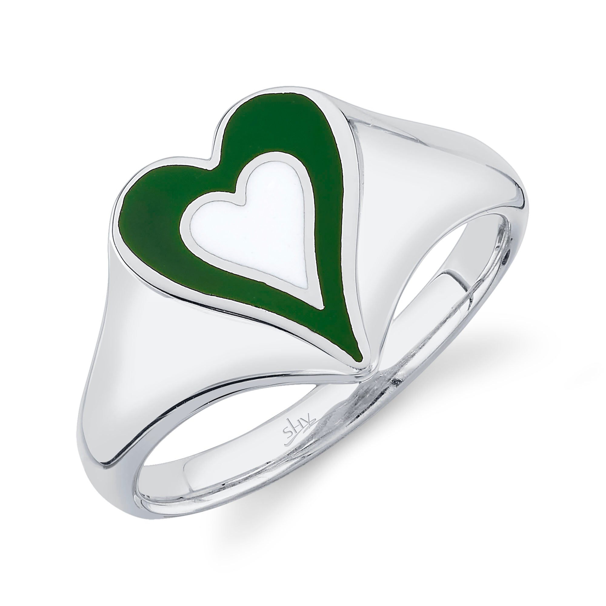 GREEN & WHITE ENAMEL SIGNET HEART RING