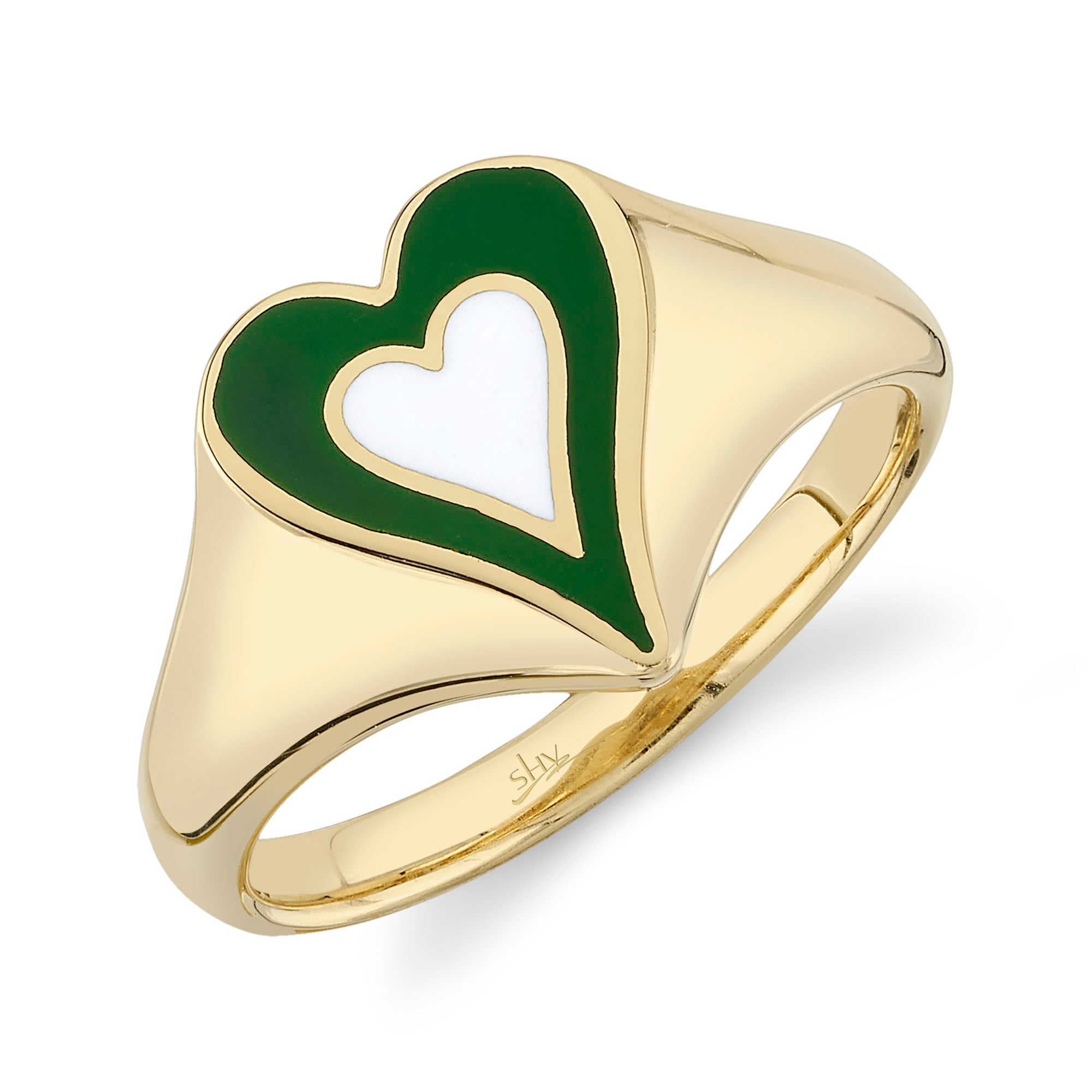 GREEN & WHITE ENAMEL SIGNET HEART RING