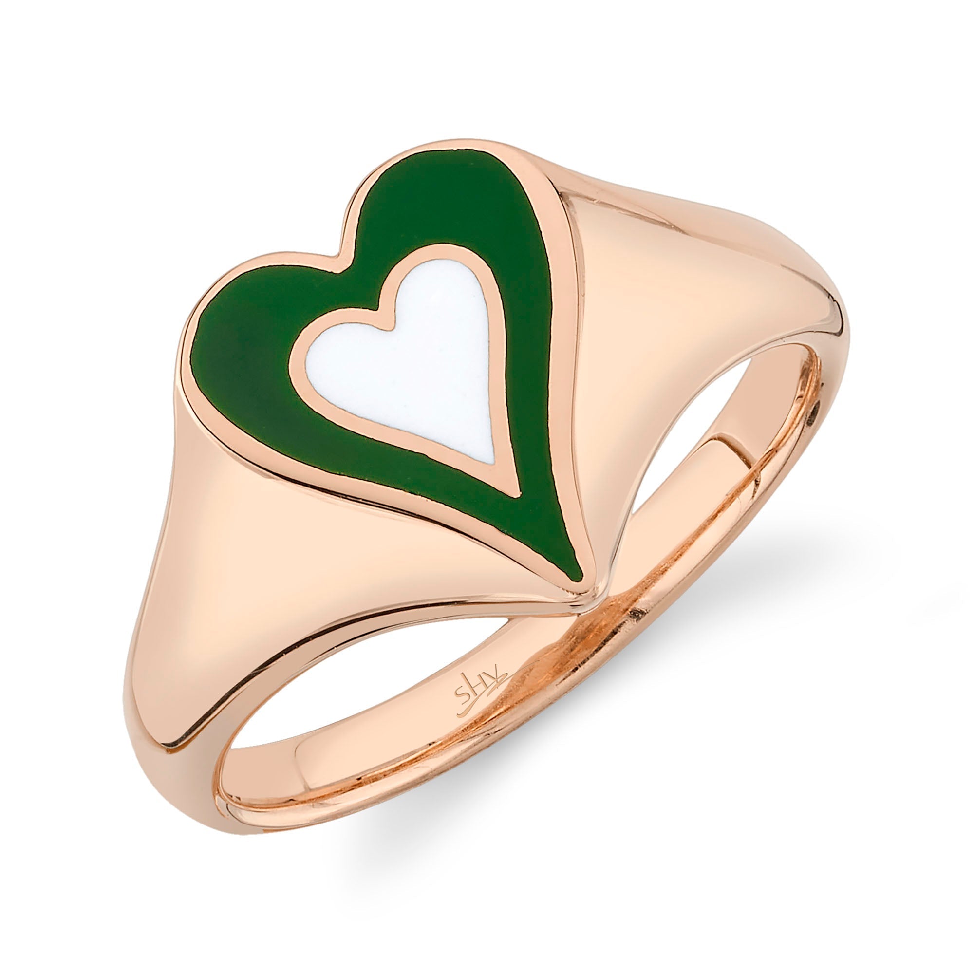 GREEN & WHITE ENAMEL SIGNET HEART RING