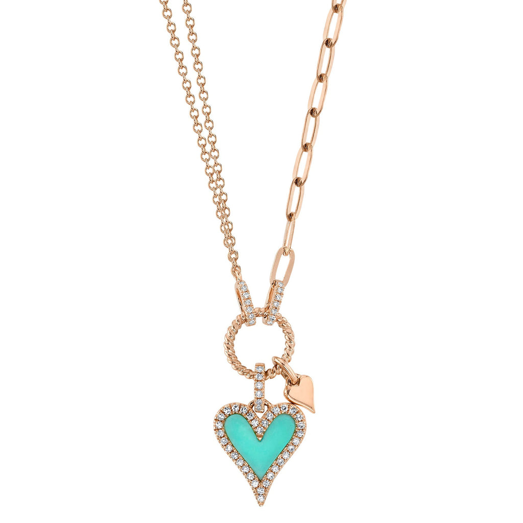 Shy Creation 0.13Ct Diamond & 0.39Ct Composite Turquoise Heart Paper Clip Link Necklace SC55023858