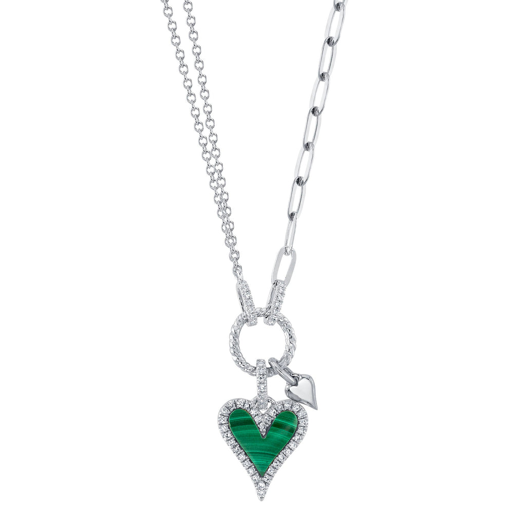 Shy Creation 0.13Ct Diamond & 0.57Ct Malachite Heart Paper Clip Link Necklace SC55023862