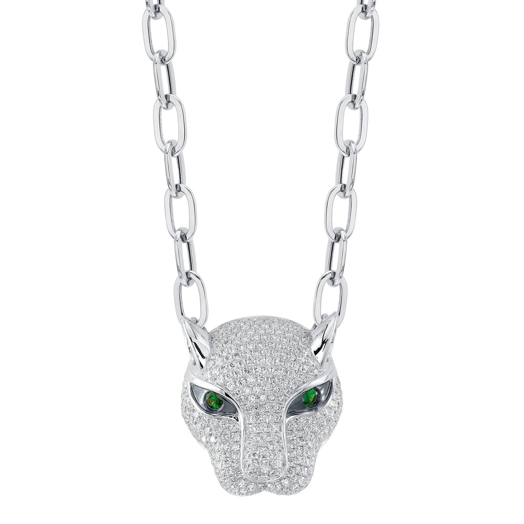 3.30CT DIAMOND & 0.23CT GREEN GARNET PANTHER PAPER CLIP LINK NECKLACE