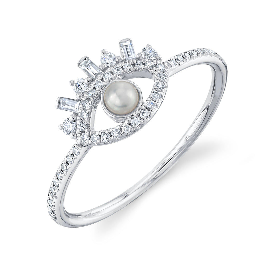 Shy Creation 0.20Ct Diamond & Cultured Pearl Baguette Eye Ring SC55024508